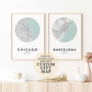 Digitaler Download Set 2er Set Individuelle Stadt Karte, Stadt Karte Druck, druckbare Wandkunst, Poster Digitaldruck, Valentinstag Geschenk, Digitaldrucke