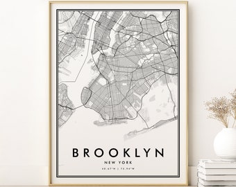 Brooklyn Map Print, Brooklyn New York City Map Poster, custom location map gift, minimalist art, Retro country street maps, Instant Download