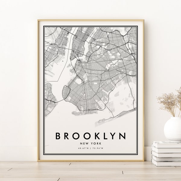 Brooklyn Map Print, Brooklyn New York City Map Poster, custom location map gift, minimalist art, Retro country street maps, Instant Download