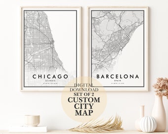Set Of 2 Custom City Map, Digital City Prints Download , Digital Download Poster, City Map Print, Travel City Map Poster, Printable wall art