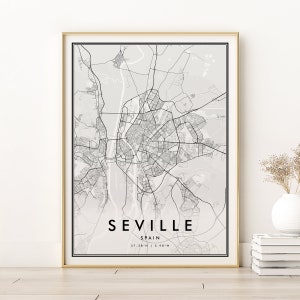 Plan de la ville de Séville, carte routière de l'Espagne, impression personnalisée de carte de Séville, nouveau cadeau d'emploi, plan de la ville rétro personnalisé, cadeaux pour lui, téléchargement immédiat