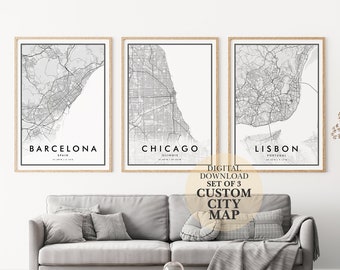 Set Of 3 Custom City Map, Digital Download, City Map Download, Printable Map Art, City Map Print, Valentines Day Gift, Digital Prints