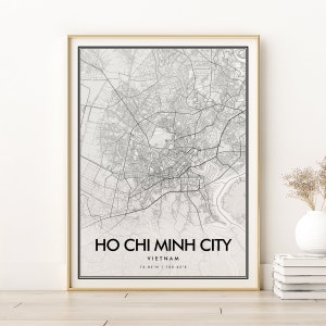 May include: A black and white map of Ho Chi Minh City, Vietnam, with the city name and coordinates printed below the map.