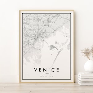 Impression de carte de Venise, affiche de carte de la ville de Venise en Italie, cadeaux pour elle, plan de la ville, art de la carte de la ville de voyage minimaliste, cartes et impressions, impressions numériques