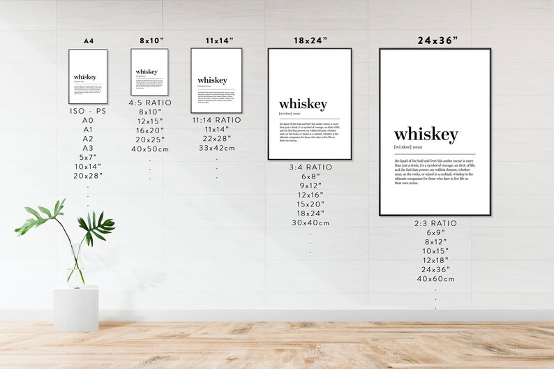 Peut inclure: Plusieurs impressions d'art encadr&eacute;es avec le mot "whiskey" dans un design minimaliste. Les impressions sont pr&eacute;sent&eacute;es en diff&eacute;rentes tailles, dont 20x25 cm, 28x35 cm, 46x61 cm et 61x91 cm, sur fond blanc.