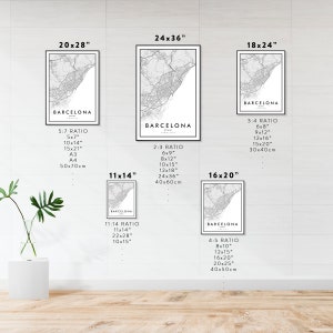 May include: A set of ten different sized printable maps of Barcelona, Spain. The maps are in black and white and show the city streets and landmarks. The maps are labeled with the dimensions in inches and centimeters.