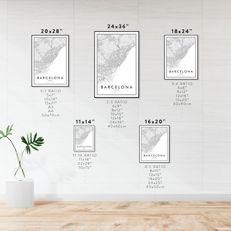 May include: A set of ten different sized printable maps of Barcelona, Spain. The maps are in black and white and show the city streets and landmarks. The maps are labeled with the dimensions in inches and centimeters.