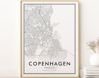 Copenhagen Map Print, Modern Copenhagen Denmark City Map, Black and White Copenhagen Denmark street map, gifts for him, Digital Download