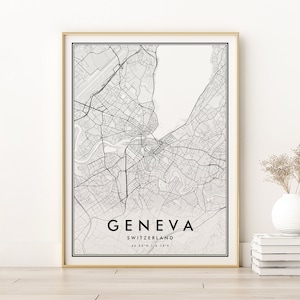 Impressão do mapa de Genebra, pôster do mapa da cidade de Genebra Suíça, mapa de ruas retrô personalizado, mapa de viagem de Genebra Suíça, presentes para ela, impressões digitais