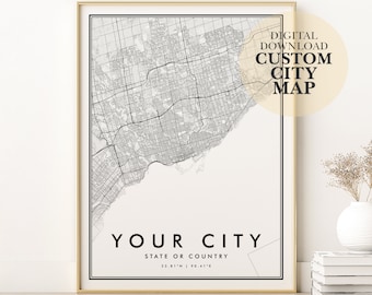 Impresión de mapa personalizado, descarga digital mapa de la ciudad personalizado, regalo del día de San Valentín, impresión de la ciudad, mapa de la ciudad natal personalizado, descarga del mapa de la ciudad, impresión digital