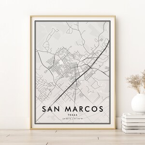 Wydruk mapy San Marcos, mapa miasta San Marcos w Teksasie, prezenty dla niej, wydruk mapy minimalistycznej, wydruk mapy biurowej, mapa miasta na ścianę, wydruki cyfrowe
