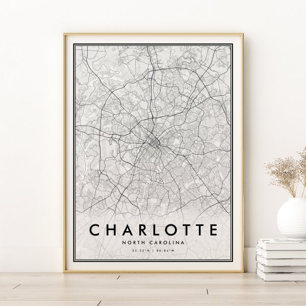 Charlotte  Map Print, NC North Carolina poster, Retro Charlotte City Map, minimalist wall art digital design, gifts for her,Instant Download