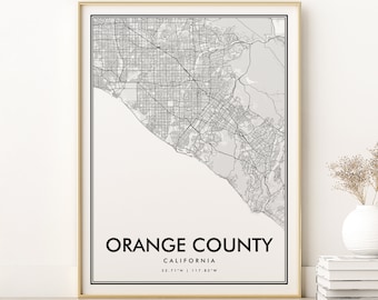 Impression de carte du comté d'Orange, carte du comté d'Orange en Californie, cadeaux pour elle, plan des rues imprimable, cartes minimalistes et impression, téléchargement immédiat