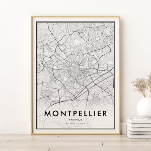 Wydruk mapy Montpellier, mapa drogowa Montpellier Francja, plakat z mapą miasta prezent, spersonalizowana mapa miasta Montpellier, prezenty dla niej, pobieranie cyfrowe