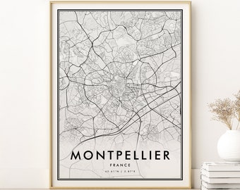 Montpellier Map Print, Montpellier France Road Map, Town Map Poster Gift, personalized Montpellier City map, gifts for her, Digital Download