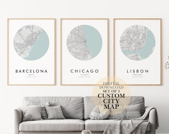 Digital Download Set Of 3 Custom City Map print, Printable art, Custom Map Art,City Map Print,Map Download, Valentines Day Gift, digital