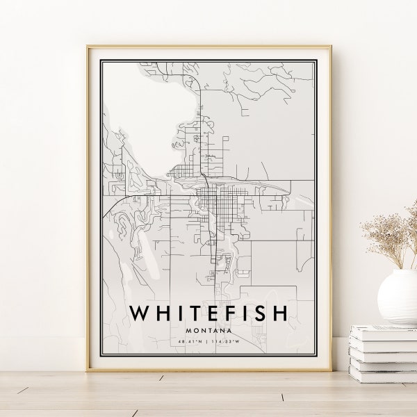 Whitefish Map Print, Whitefish Montana black and white city map, wall art decor, printable USA Montana personalized gifts, Digital Download