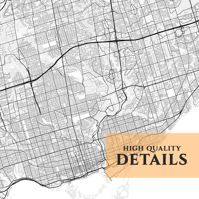 May include: Black and white map of a city with a white background. The map shows a detailed street grid with many roads and intersections. The text "HIGH QUALITY DETAILS" is in a yellow box in the lower right corner of the map.