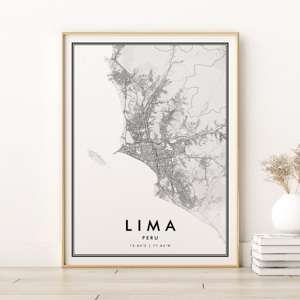 Lima kaart afdrukken, Lima Peru stadskaart poster, minimalistische retro Lima Peru routekaart, huwelijkscadeau, vakantie decor, cadeau voor haar, digitale download