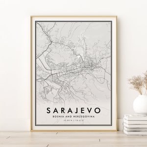 Impressão de mapa de Sarajevo, pôster rodoviário da Bósnia e Herzegovina, impressão minimalista de mapa da cidade de Sarajevo, impressão de escritório, mapa de estrada de arte de parede, impressões digitais