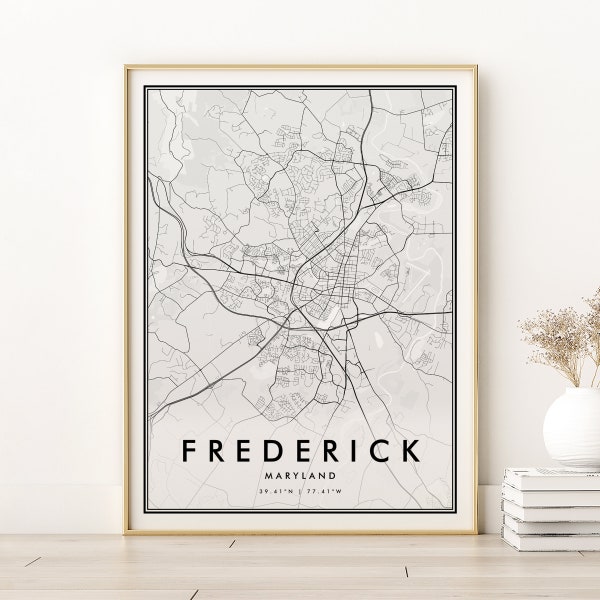 Frederick Map Print, Frederick Maryland City Map Art, minimalist retro street map, digital travel road map, gifts for her, Instant Download