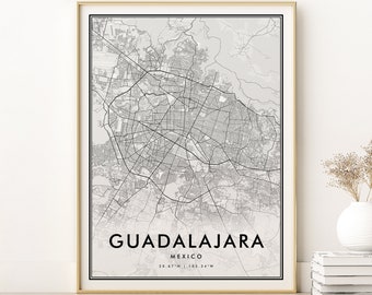 Impresión de mapas de Guadalajara México, Mapa de la ciudad de Guadalajara, Cartel de mapa minimalista, Arte minimalista del mapa de México, regalos para ella, Descarga digital