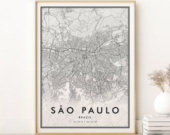 São Paulo Map Print, Sao Paulo Brazil City Map Poster, gifts for her, custom travel map gift, minimalist country road map, Instant Download