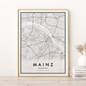 Impresión de mapas de Maguncia, cartel del mapa de la ciudad de Maguncia Alemania, arte del mapa de compromiso, impresión de mapas moderna, regalo personalizado, regalos de impresión de mapas, descarga digital