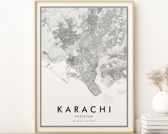 Impresión de mapas de Karachi, cartel del mapa del país de Karachi Pakistán, arte minimalista de Retro Gift City Map, diseño digital, regalos para ella, descarga instantánea