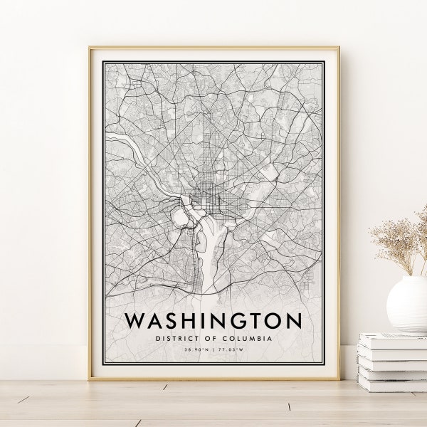 Washington City Map, District of Columbia Road Map, Minimalist DC Map Poster, Washington DC City Map Print, gifts for her, Digital Download