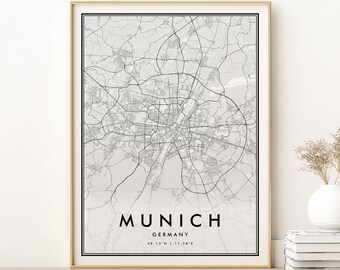 Munich Map Print, Personalized Munich Germany City Map, new job gift, Any Location Custom Map, gifts for him, Street Map, Digital Download