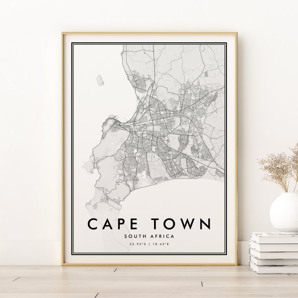 Impresión de mapas de Ciudad del Cabo, cartel del mapa de la ciudad de Ciudad del Cabo, diseños de regalos personalizados, regalo de mapa personalizado, mapa de Ciudad del Cabo Sudáfrica, descarga digital