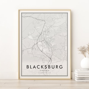 Impression de carte de Blacksburg, carte de la ville de Blacksburg, carte de voyage en Virginie moderne, carte de route de Blacksburg en Virginie, affiche de carte rétro, téléchargement immédiat de la carte