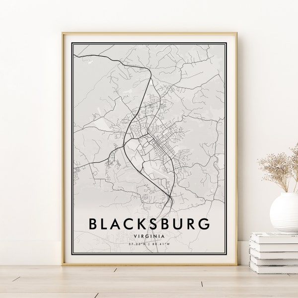 Blacksburg Map Print, Blacksburg City Map, Modern Virginia Travel Map, Blacksburg Virginia Road  Map, Retro Map Poster, instant download map