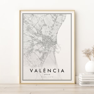 Impression de carte de Valence, affiche de la carte routière de Valence en Espagne, cadeaux pour elle, plan de la ville imprimable, téléchargement minimaliste de la carte de la ville de Valence, impressions numériques