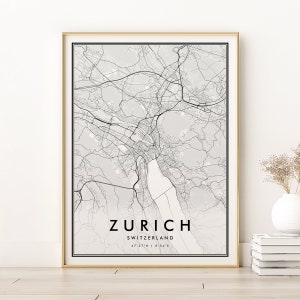 Impressão do mapa de Zurique, pôster do mapa da cidade de Zurique Suíça, impressão de mapa de viagem moderno, presente personalizado de mapa da cidade, presentes para ela, download digital