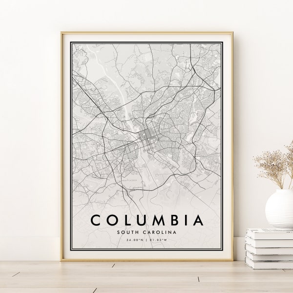 Columbia South Carolina City print, USA SC Map Poster, Minimalist Map Art, engagement print, new job gift, gifts for her, Digital Download