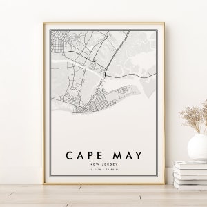 Stampa mappa di Cape May, mappa retrò della città di Cape May nel New Jersey, mappa di viaggio stradale personalizzata, mappe di Cape May nel New Jersey, regali per lei, stampe digitali
