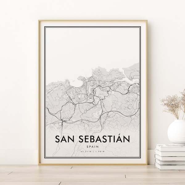 San Sebastián City Map, San Sebastian Spain modern road map print, birthday gift, retro custom city map print, gifts for him, Digital Prints