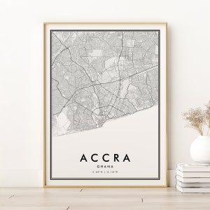 Accra kaart afdrukken, Accra Ghana stadsplattegrond, moderne kaart poster, minimalistische retro kaart kunst, engagement kaart afdrukken, nieuwe baan cadeau, digitale download