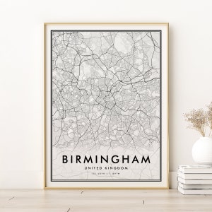 Impression de carte de Birmingham, affiche de carte de la ville de Birmingham, Royaume-Uni, conceptions de cadeaux personnalisés, carte de la ville de Birmingham rétro, téléchargement numérique