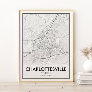 Charlottesville Map Print, Charlottesville Virginia Road Map Poster, mapa de la ciudad retro imprimible, descarga de diseño minimalista, Impresiones digitales