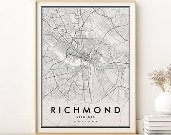 Richmond City Map, Virginia Minimalist Map, USA Map Print, City Map Poster, Modern Map Print, unique gift, gifts for him, Digital Download