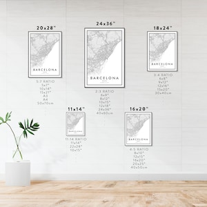 May include: A set of ten different sized printable maps of Barcelona, Spain. The maps are in black and white and show the city streets and landmarks. The maps are labeled with the dimensions in inches and centimeters.