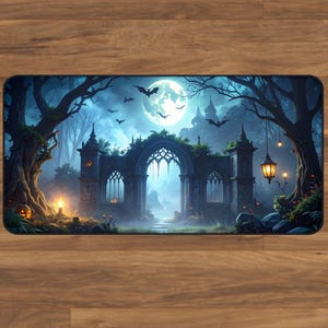 Gothic Desk Mat, Haunted Forest Mouse Pad, Full Moon Bat Scene, Halloween Gaming Decor, Dark Aesthetic Desk Accessory, Gaming Desk Mats