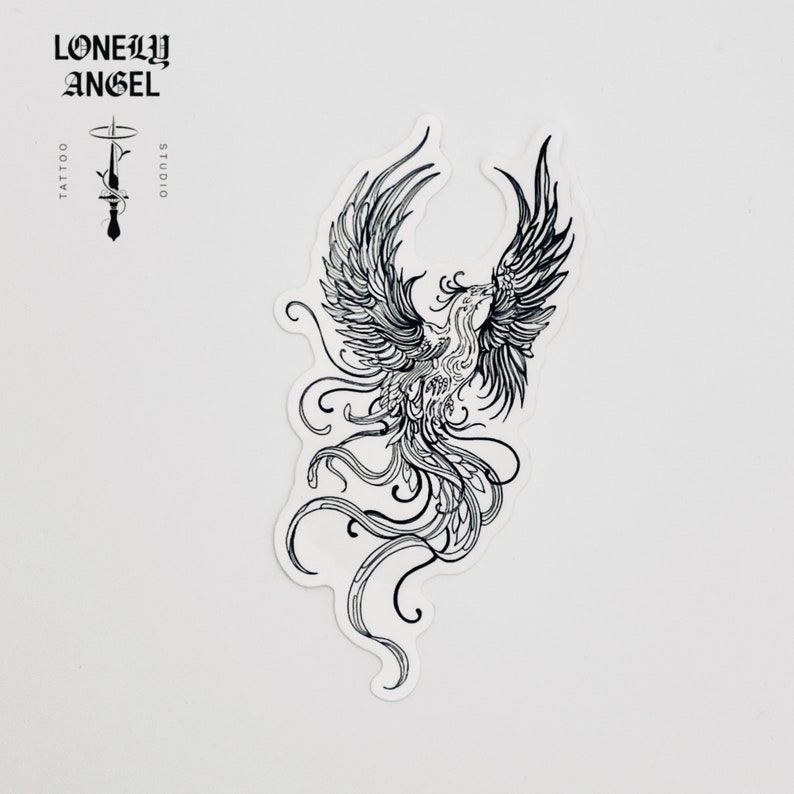 May include: Black and white line art tattoo design of a phoenix rising with its wings spread. The design is intricate and detailed, with the phoenix's feathers and tail feathers flowing in the wind.