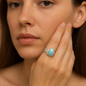 Blue Gemstone Brass Ring • Wide Textured Band Ring in Silver-Tone • Handmade Boho Adjustable Statement Ring • Gift for Him or Her