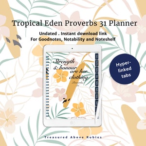 May include: A digital planner for Goodnotes, Notability, and Noteshelf with a tropical theme. The cover features a surfboard with the text "Strength & honour are her clothing" and "Proverbs 31". The planner has hyperlinked tabs for easy navigation.