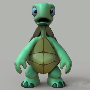May include: A green cartoon turtle with a surprised expression, standing on a light grey background. The turtle has large, round eyes and a wide-open mouth.