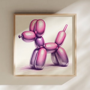 Rosa Ballon Hund Kunstdruck, wunderliche Tier Wand-Dekor, Kinderzimmer Kunst, spielerische digitaler Download, Instant Wohnkultur, Hund Illustration